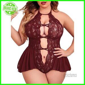 Plus Size Lace Bodysuit Teddy Deep V Babydoll Lingerie One Piece